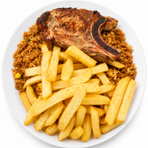 Arroz mixto. Acompañado de papas fritas. chuleta parrillera. Sopa del dia