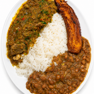 Carne guisada con arroz y lentejas