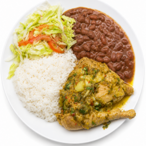 Gallina Sud. Bandeja de arroz con rojores o porotos, gallina guisada, en salada, sopa o consome del dia