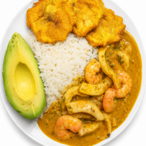 Marisco bifasico. Calamar, camaron. arroz, patacones, ensalada y consome o sopa del dia.