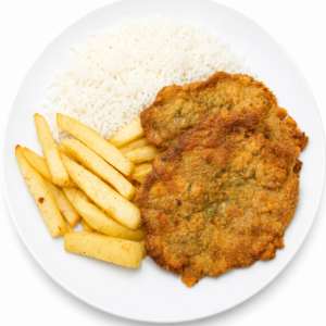 Milanesa de cerdo con arroz y papas fritas
