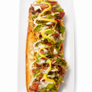 Perro XL. Salchicha y tocino XL. Papas hilo y queso fundido. Salsas de ajo rosada queso y cilantro