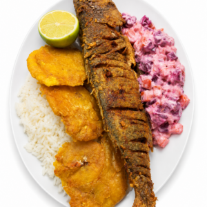 Pescado frito de Maria. Pescado frito. arroz. patacones. Sopa del dia