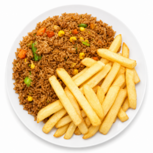 Porcion de arroz mixto con papas fritas