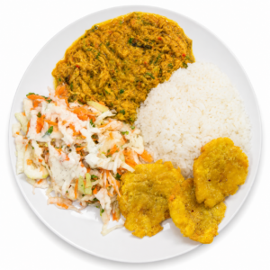 Tollo. Arroz blanco, tollo en su salsa, patacones, ensalada y sopa o consome del dia